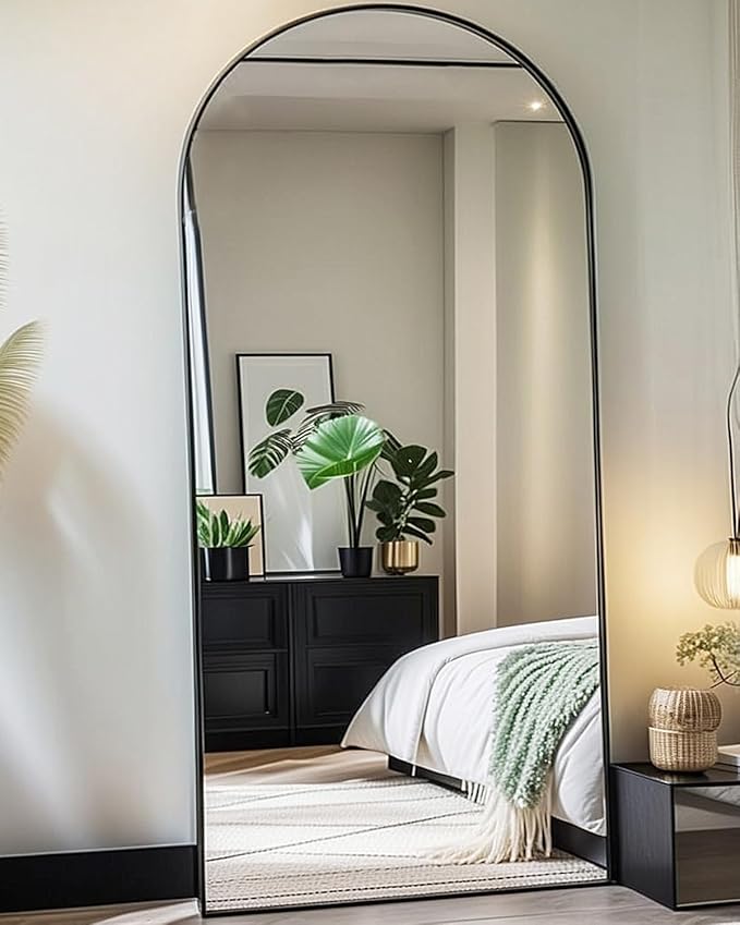 Oversized Full Body Mirror with Stand, Arched Full Length Mirror, 76" x 34", Hanging or Leaning, Wall Mounted with Aluminum (Black)