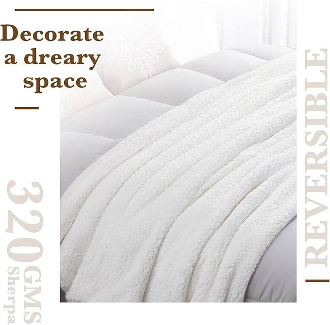 LBRO2M Double Sided Sherpa Blanket,Queen Size Super Soft Fuzzy Plush Warm Cozy Fluffy Throw Reversible Luxurious Blankets (White)