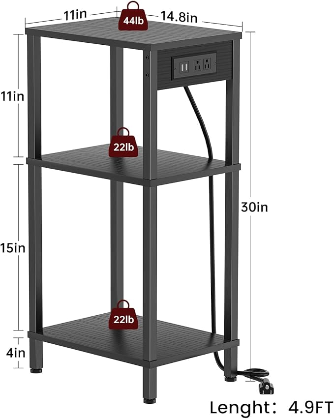 Tall End Table with Charging Station, 3 Tier Black Side Table with Storage, Small Nightstand with Outlets for Bedroom, Living Room, Office