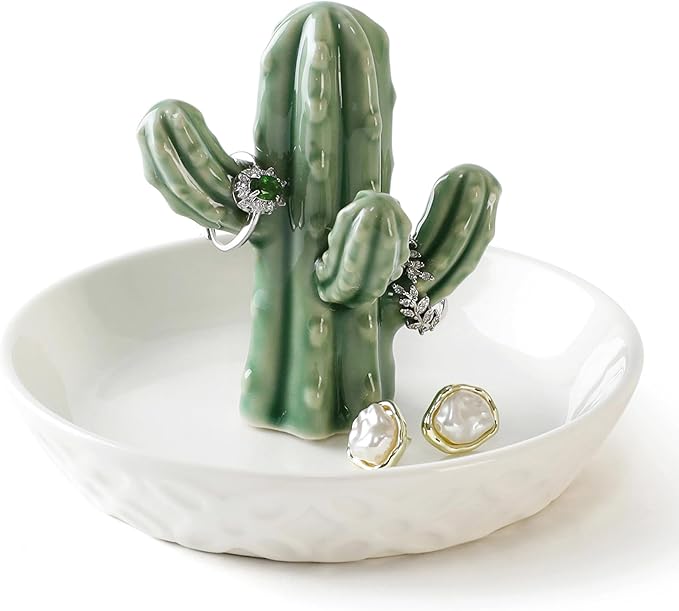 HOME SMILE Ceramic Cactus Ring Holder Cactus Ring Dish for Jewelry Cactus Decor for Friend Sister Birthday Wedding Anniversary Bridal Engagement Valentine's Gift for Women
