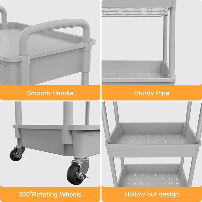 4 Tier Rolling Utility Cart with Drawer,REBECAT Utility Cart Made of Multifunctional Storage Organizer Tool for Kitchen,Bathroom,Living Room,Office(Gray)