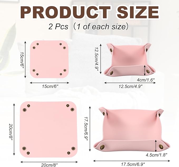 uxcell 2 Pcs Valet Tray for Women and Men, PU Leather Jewelry Tray Entryway Table Bedside Nightstand Catchall Storage Organizer for Jewelry Key Coin Watch Wallet(Square, Pink)