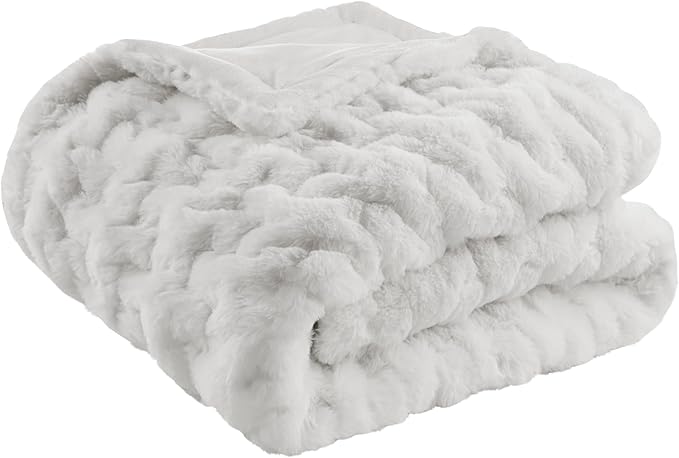 Madison Park Ruched Luxury Throw Premium Soft Cozy Brushed Long Faux Fur For Bed, Couch or Sofa, 50"x60", Silver Grey