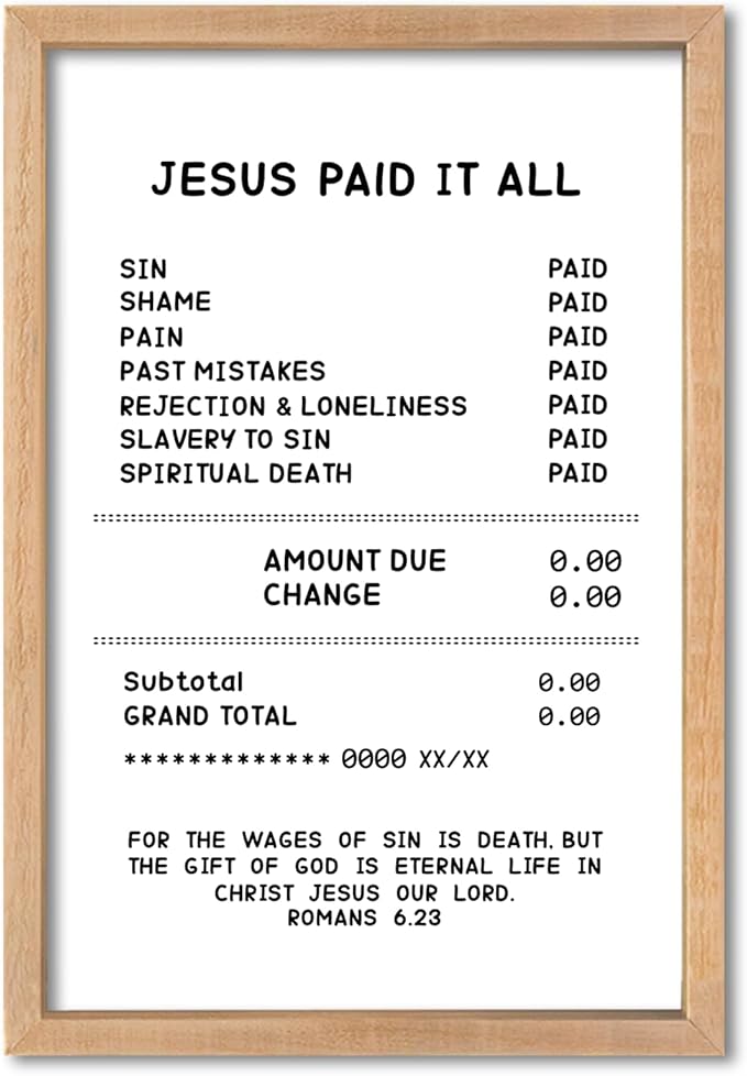 YWMZYKJGS Romans 6:23 Wall Art 16"×11" Jesus Paid It All Wall Decor Scripture Bible Verse Sign Gospel Tracts Religious Salvation Modern Funny Wood Framed Hanging (Wood)