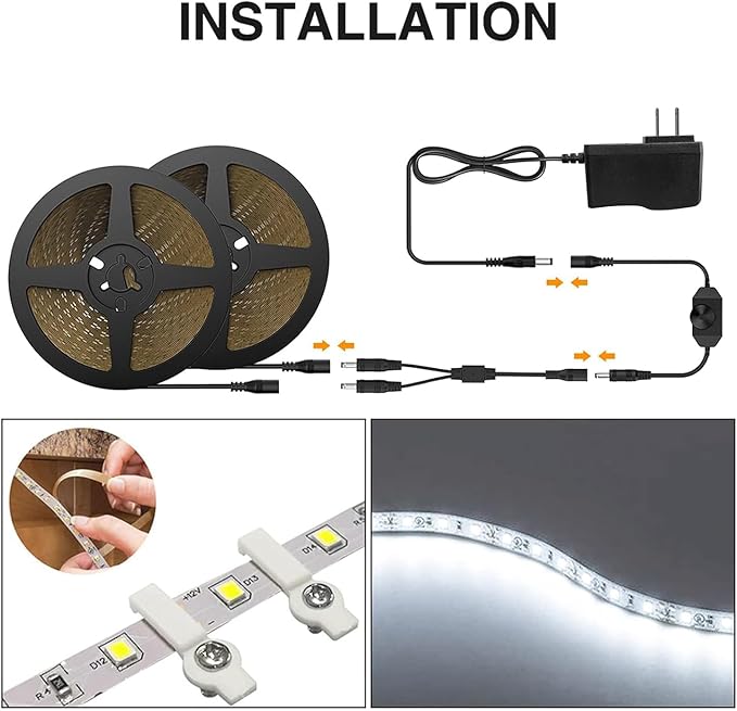 Onforu White LED Strip Lights, 32.8FT 6000K Super Bright Dimmable Tape Light Kit, 600 LEDs Daylight Easter Rope Light, 12V Flexible Strip Lighting for Mirror, Under Cabinet, Home, Bedroom (Pack of 2)