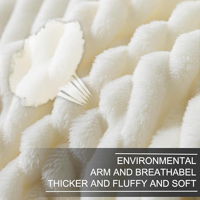 Richave Cuddly Blanket Queen Size,Premium Lightweight Anti-Static Fluffy Fleece Blanket with Striped Pattern for Queen Full Bed, 90x90 Inches,Cream