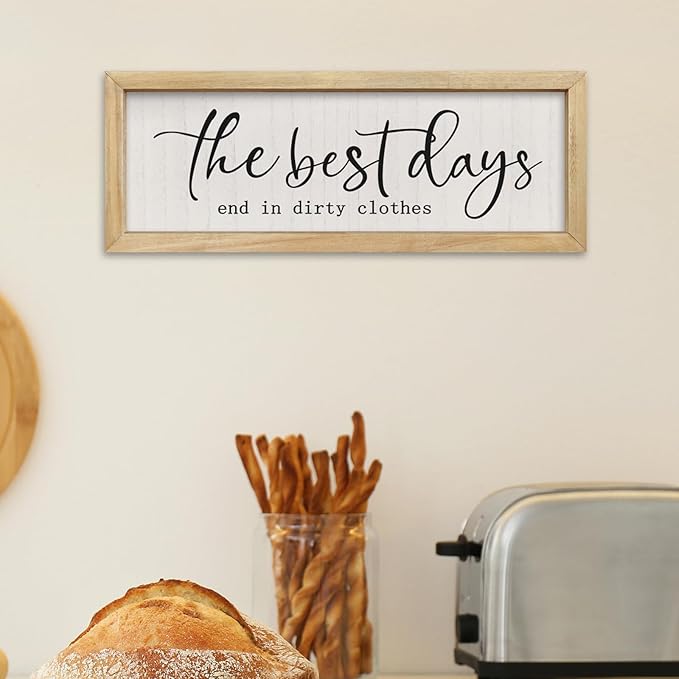 comurdyo Laundry Sign Wall Decor 16"×6" The Best Days End In Dirtiest Clothes Funny Laundry Room Bathroom Wood Framed Hanging Wall Art (Wood)