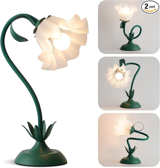 Flower Table Lamp, Cute LED Reading Bedside Night Light, 3 Color Modes Vintage Desk Lamp, Kawaii Aesthetic Decor for Dorm Bedroom Living Room (Dark Green)