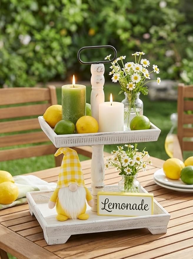 Hanobe Tiered Tray for Table Decor: 2 Tier Sunflower Decorative Tray Stand for Coffee Bar - Spring Farmhouse Rectangle Wood Display for Kitchen Counter, Rustic White