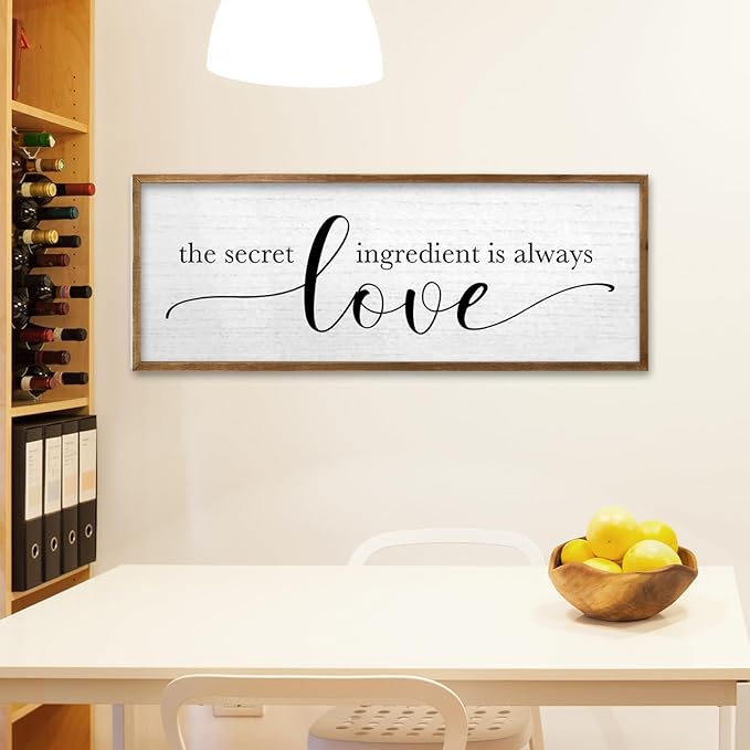 TQianJiang Kitchen Wall Decor The Secret Ingredient Is Always Love Sign 32"×12" Heartwarming Quote for Dining Room Mother's Day Large Farmhouse Rustic Wood Framed Wall Plaque Hanging Art (Wood)