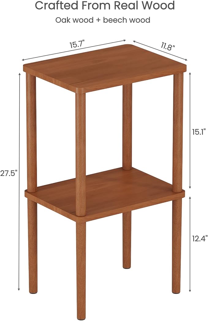 Solid Wood Side Table, 2-Tier Tall End Table with Storage Shelf, Small Nightstand Bedside Table for Bedroom, Living Room, Kids Room & Small Spaces, No-Tool Assembly,(Walnut)