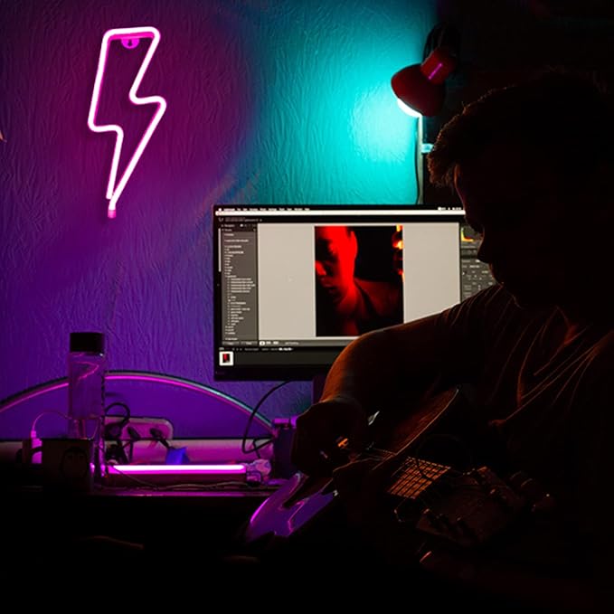 Neon Signs Lightning Bolt Neon Light Sign for Wall Decor, Battery or USB Powered Led Lightning Light Neon Sign for Bedroom,Kids Room,Birthday,Party,Wedding,Home,Kids Decorations Pink