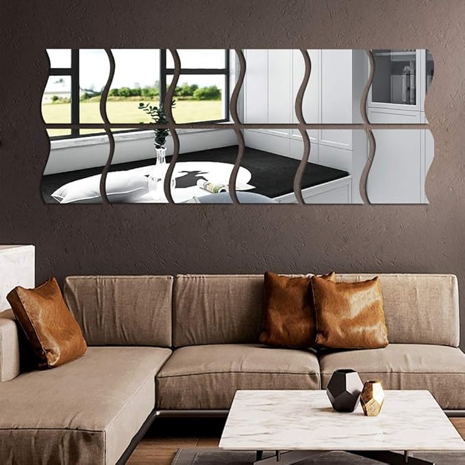 12PCS Wavy Mirror Wall Stickers, Full Length 3D Art DIY Home Decorative Acrylic Sheet Plastic Tiles for Living Room Bedroom Sofa TV Setting Wall Decoration Decor