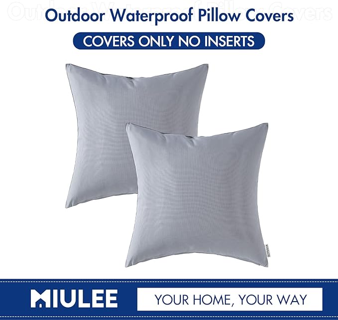 MIULEE Pack of 2 Decorative Outdoor Waterproof Pillow Covers Square Garden Cushion Sham Throw Pillowcase Shell for Spring Patio Tent Couch 18x18 Inch Light Grey