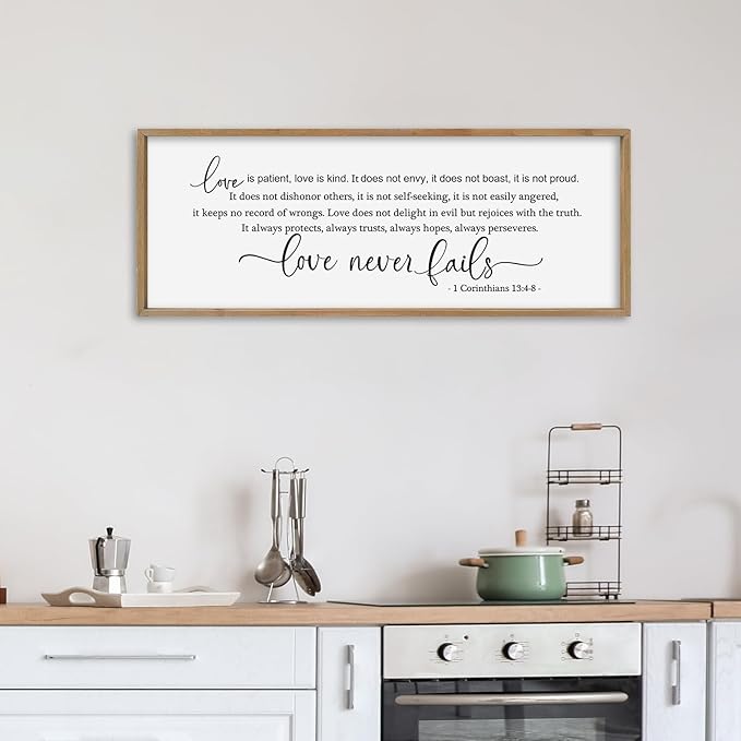 SRSZHIYUE Bible Verse Wall Art Love is Patient Kind Sign 32"×12" 1 Corinthians 13 4-8 Christian Inspirational Faith Wood Framed Living Room Office Large Plaque Wall Hanging (Wood)