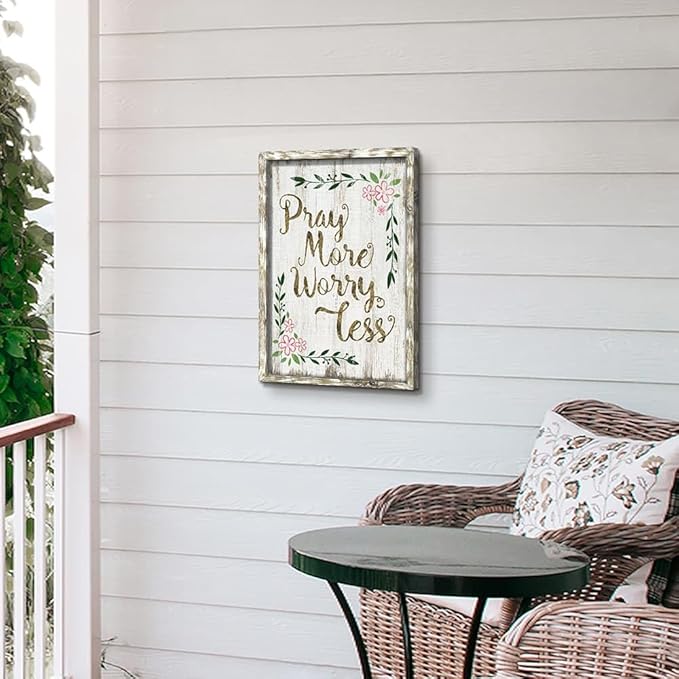 Bible Verses Decor Wall Art: Wooden Christian Quotes Framed Picture Farmhouse Religious Scripture Inspirational Artwork Pray More Worry Less Sayings Print for Home Bedroom Office
