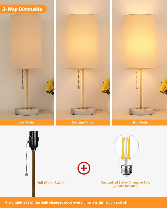 Bedside Table Lamp with Marble Base: Pull Chain Switch 3-Way Dimmable | Linen Fabric Shade & Golden Pole Small Nightstand Lamps 18.5 Inches for Bedrooms, Office, Dinning Room, Set of 2