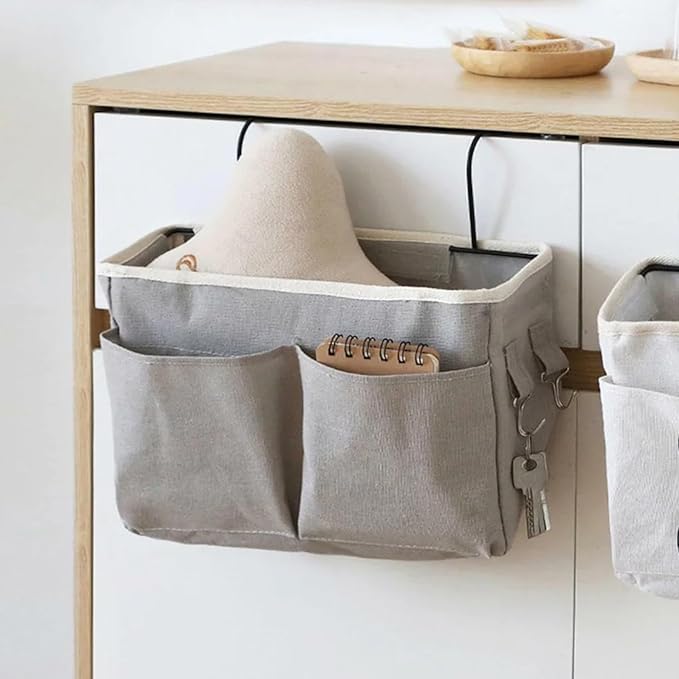 Large Capacity Bedside Storage Organizer - Cotton Linen Bedside Caddy with Pockets Hooks for Headboards Bunk Bed/ 11x4x7.5