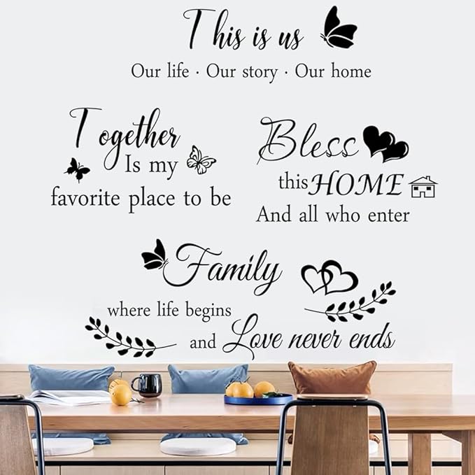 4 Pieces THIS IS US TOGETHER BLESS THIS HOME Wall Decor Signs - Vinyl Wall Stickers for Living Room, Bedroom, Home Office, Teen Dorm