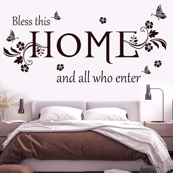 Wall Decals Wall Decor Sticker Quote Bless This Home and All who Enter Removable Mural Wall Stickers for Living Room Dining Room Bedroom Entryway Family Home Decoration (Brown)