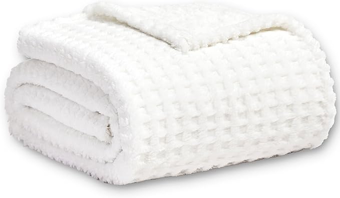Soft Cozy Fuzzy Fleece Throw Blanket, Waffle Ivory White, 50x60 Inches – Lightweight, Fluffy, and Warm 3D Jacquard All-Season Blanket for Couch, Bed, Sofa, Home Decor, Camping, and Travel