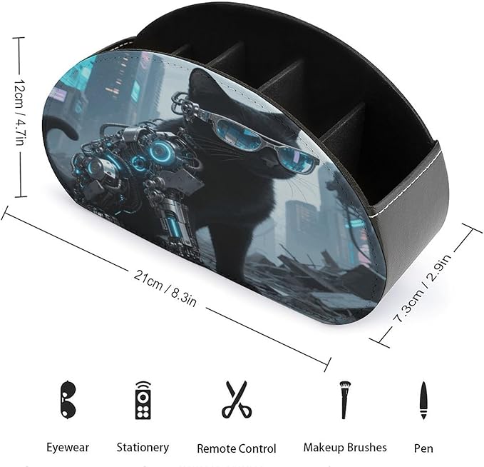 Black Cat Glasses Remote Control Holder Organizer Box with 5 Compartment PU Leather Bedside Storage Caddy Remote Organizer for Controller Media Player Pen/Pencil Storage