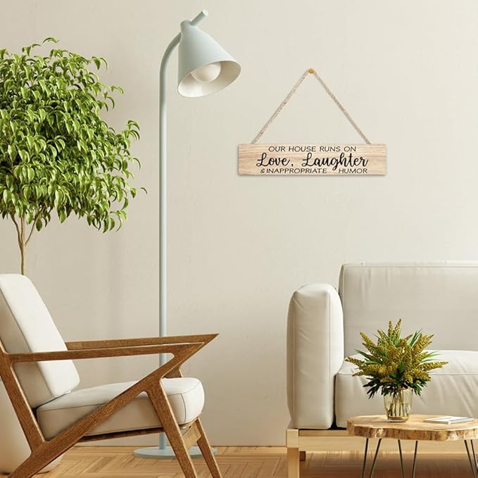 AGMDESIGN Our House Runs On Love Laughter And Inappropriate Humor Wood Sign, Home Wall Decor for Shelf Door, Heartwarming Farmhouse Kitchen Bedroom Hanging Wooden Plaque, New Home Gifts for Friends