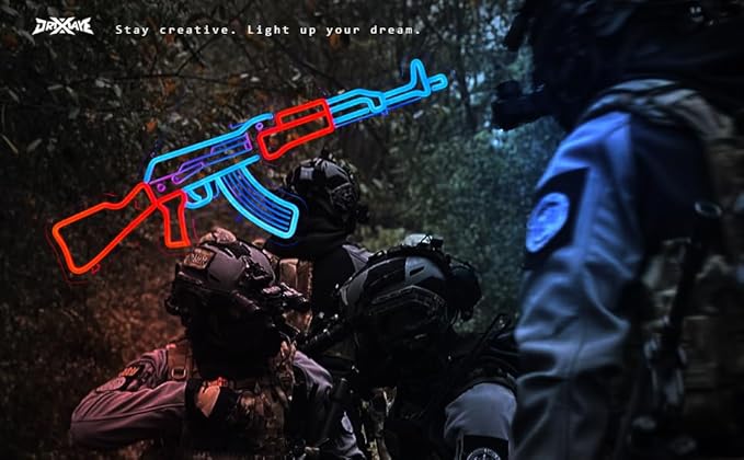 Gun Neon Sign AK 47 Sign for Wall Decor Large Size(26.5x8.7 Inch) Smart plug timer compatible USB Powered Man Cave Bedroom Decor