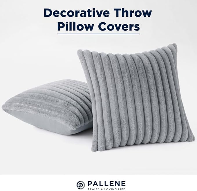 Pallene Faux Fur Plush Throw Pillow Covers 26x26 Set of 2, Luxury Soft Fluffy Striped Decorative Pillow Covers for Sofa, Couch, Living Room, Grey