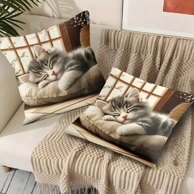 Decorative Throw Pillow Covers with Sleeping Cat Design, 18x18 Pillows Linen Pillowcase Square Cushion Cases, Set of 2