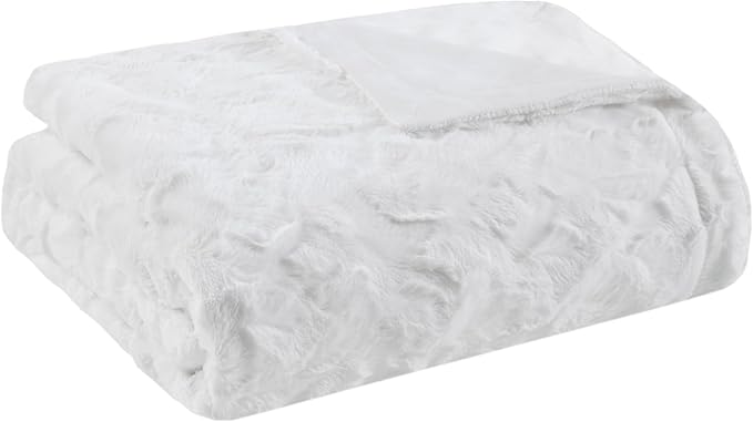 Madison Park Zuri Soft Plush Luxury Oversized Faux Fur Throw Animal Stripes Design, Faux Mink On The Reverse, Modern All Seasons Blanket for Bed, Sofa Couch, Office, White, 60x70