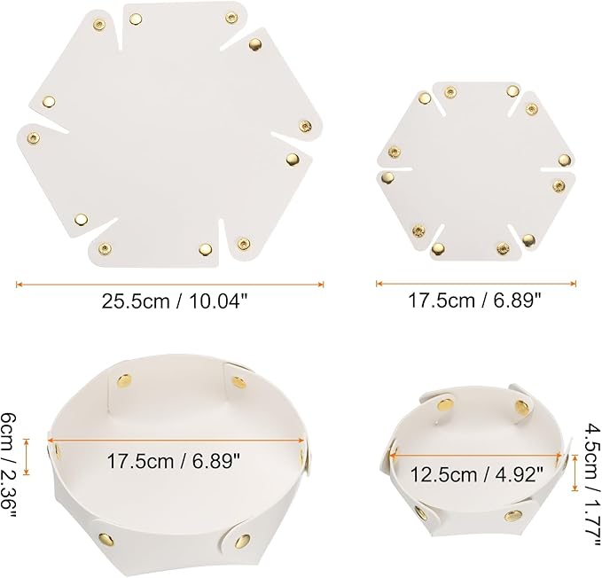 HARFINGTON 2pcs PU Leather Valet Tray Unisex Valet Tray Folding Round Catchall Tray Portable Entryway Table Tray Nightstand Bedside Desk Tray for Key Watch Coin Jewelry Dice, White