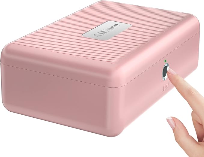 Biometric Fingerprint Storage Box, Portable Jewelry Cash Safe Storage Box, Rechargeable Lock Box for Car Home Office Travel (Pink)