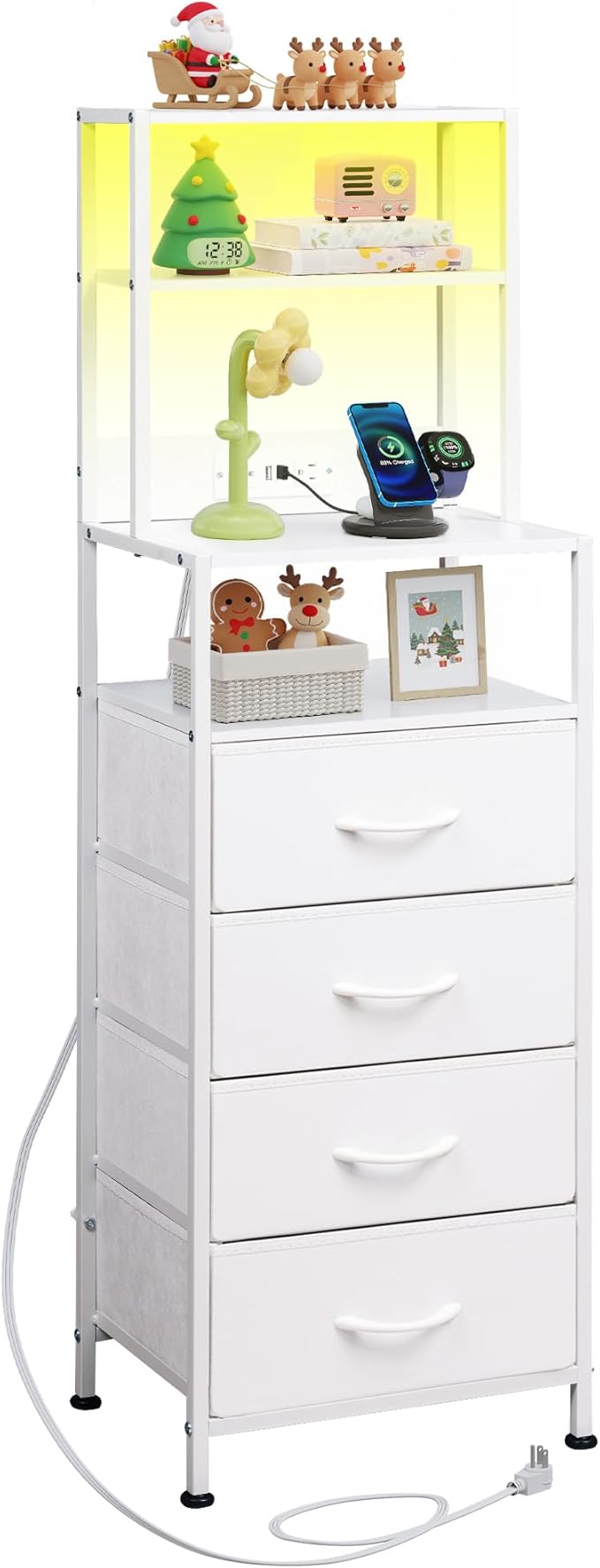 WLIVE Tall Nightstand with Charging Station, LED Night Stand with 4 Drawers and Storage Open Shelves, Fabric Dresser for Bedroom, Living Room, Office, White