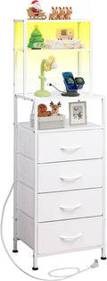 WLIVE Tall Nightstand with Charging Station, LED Night Stand with 4 Drawers and Storage Open Shelves, Fabric Dresser for Bedroom, Living Room, Office, White