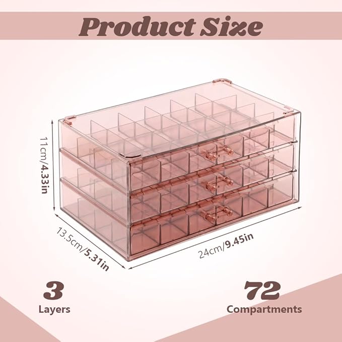 Jewelry Organizer, Earring Holder Organizer Box with 3 Layers, 72 Grids Earring Case, Jewelry Box for Girls, Craft Storage Containers for Nail Charms, Ring, Earrings(Tan)