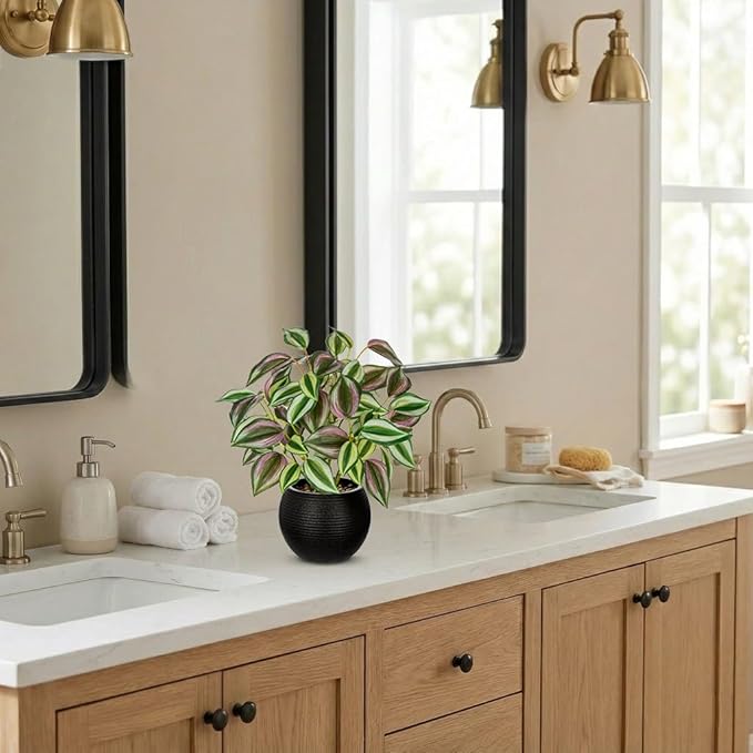 2 Packs Artificial Plants in Black Pot Tradescantia Zebrina Fake Plants Potted Decorative Faux Plant for Home Kitchen Decor