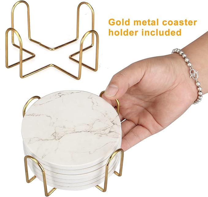 6 Pack White Marble Coaster Set with Holder Absorbent Drink Coasters Ceramic Cute Coaster Bar Dining Coffee Table Accessories Decor Gift Funny Cup Stone Modern Costers Cool Desk Beer Cork Coasters