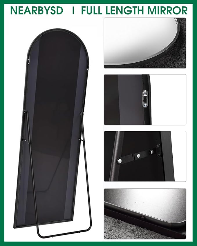ALU-4690 Arched Full Length Mirror 90"x46" Full Body Floor Mirror Standing Hanging or Leaning Wall, Arch Wall Mirror with Stand Aluminum Alloy Frame for Bedroom Cloakroom Black