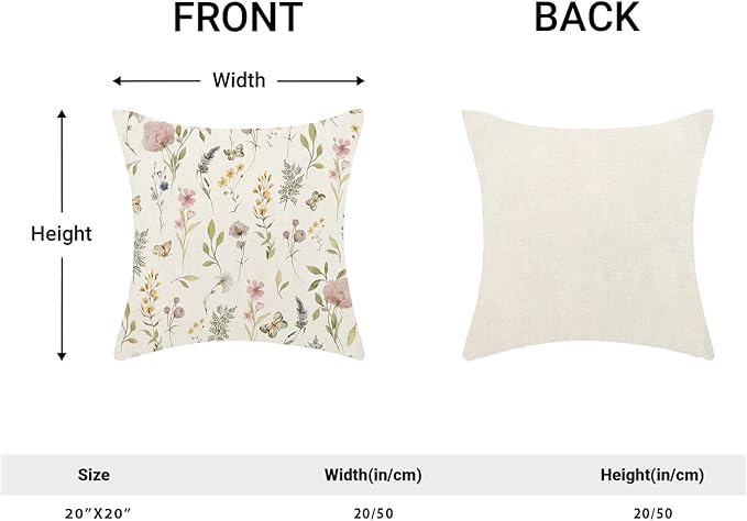 Spring Pillow Covers 20x20 Inch Set of 2, Sage Green Pink Wild Flower Throw Pillows Case,Colorful Seasonal Floral Plant Outdoor Decorative Farmhouse Decor Cushion Covers for Home Sofa Bed Couch