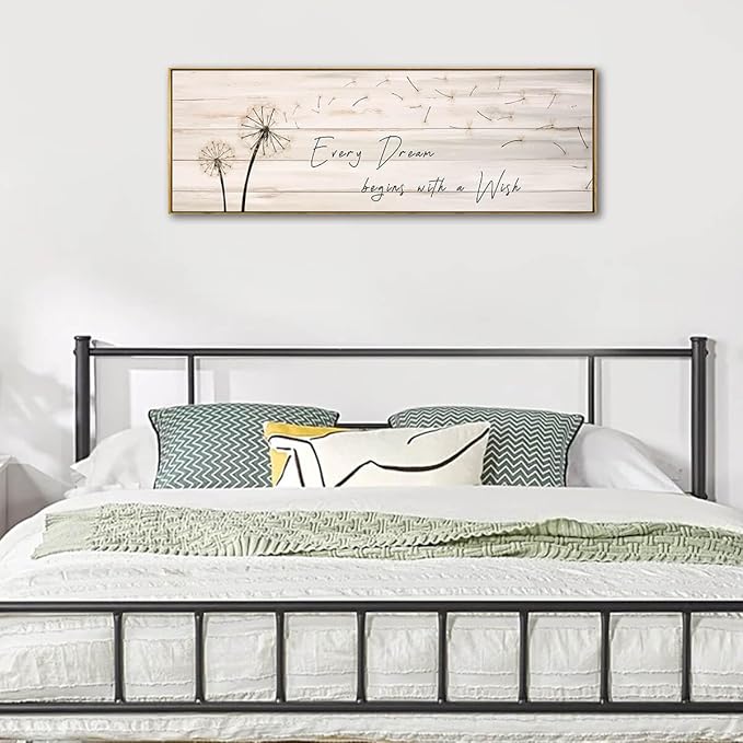 Dandelion Wall Art - Every Dream Begin with A Wish Rustic Farmhouse Wall Decor Framed Canvas Wall Art Bedroom Wall Decor Above Bed Dandelion Art Decor Vintage Room Decor (Wooden Frame) 46x19inch