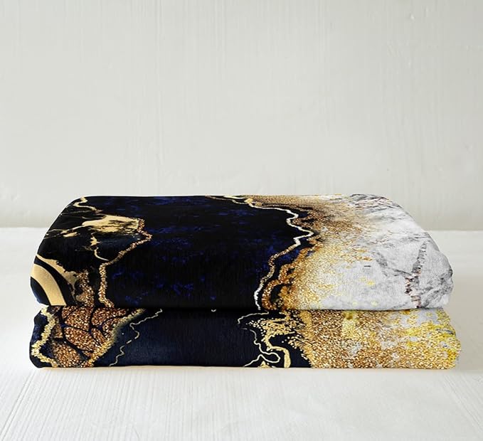 Erosebridal Marble Plush Blanket Queen 90"x90", Gold and Navy Blue White Sherpa Throw for Kids, Boys, Adults, Men - Tie Dye Bronzing Sequins Fleece for Bed, Sofa, Couch