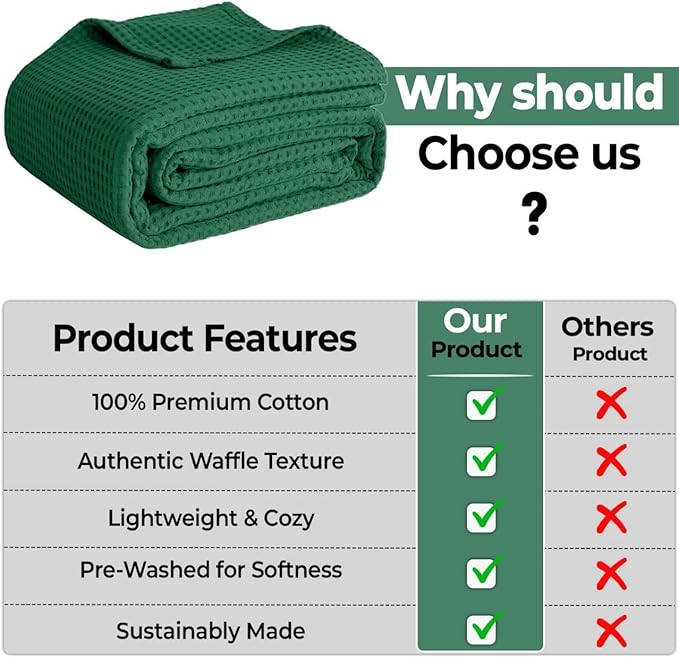 100% Cotton Blankets for Bed - Waffle Weave Blankets for Summer, Lightweight and Breathable Soft Woven Blanket for Spring (Dark Green, Throw (50" x 60"))