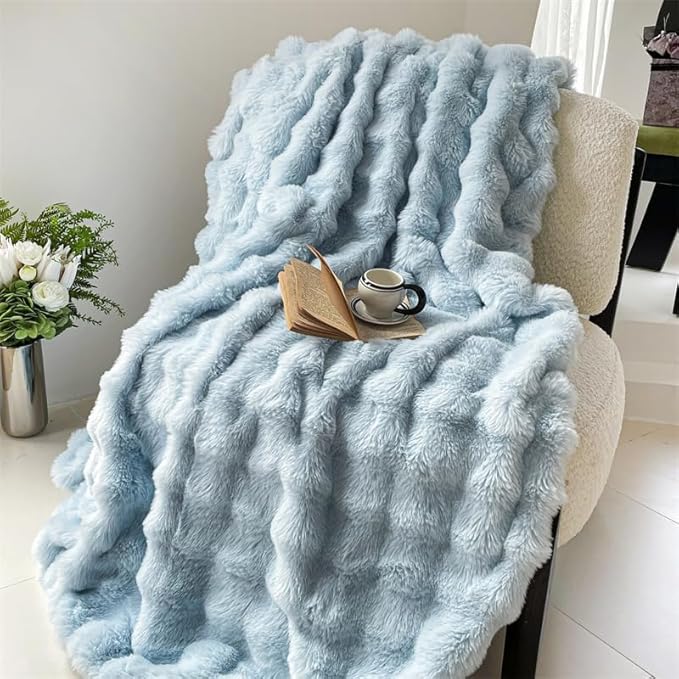 H&D Faux Fur Throw Blanket for Couch,Fluffy Cozy Soft Plush Luxury Thick Fuzzy Fleece Blanket for Couch Bed Sofa Bedroom Living Room,Comfy Bubble Blanket(Light Blue, Full (70"x80"))