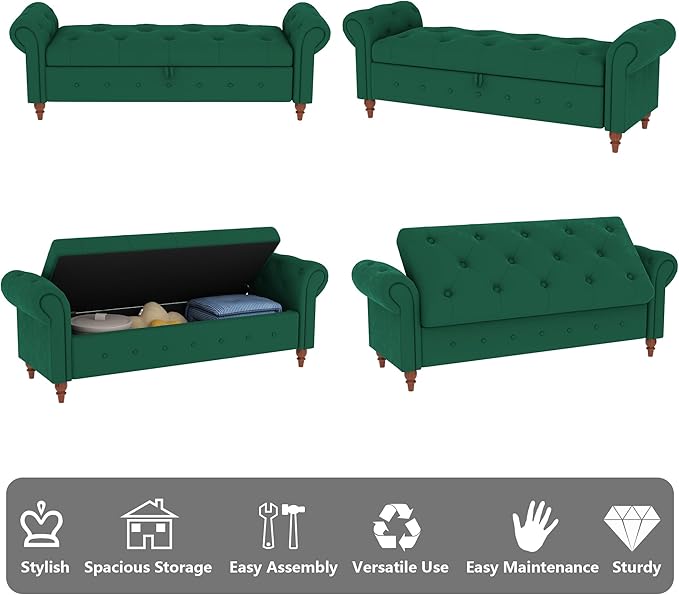 Aoowow Rolled Arm Storage Benches for Bedroom End of Bed Ottoman Bench 63" Long Bench with Storage and Seating for Living Room,Entryway,Window,Button Tufted with Solid Wood Legs (Velvet Green)