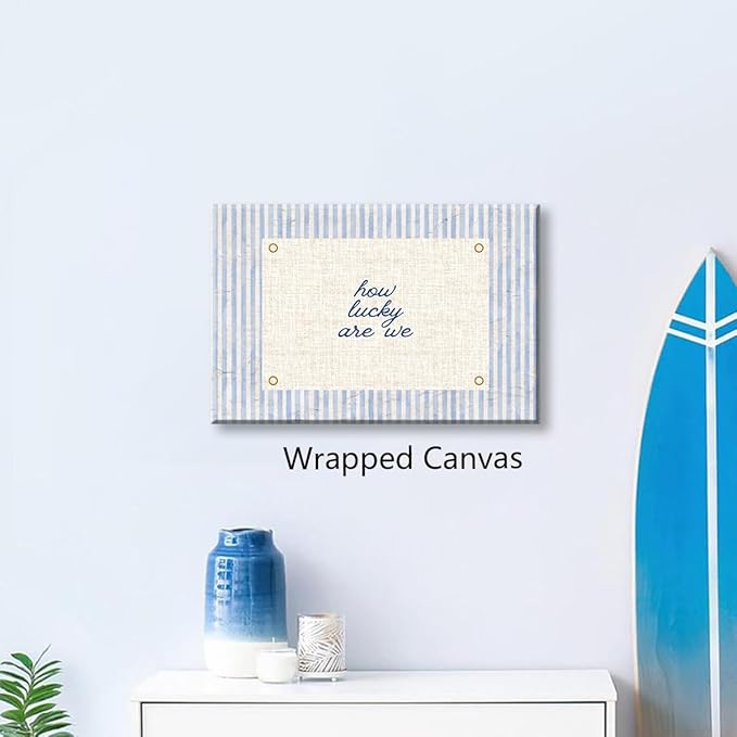 How Lucky Are We Canvas Wall Art, Navy Blue Stripes Positive Quote Poster, Daily Affirmations Wall Decor for Bedroom Dorm, Modern Inspiring Typography Print for Office 16x24in Wrapped Canvas
