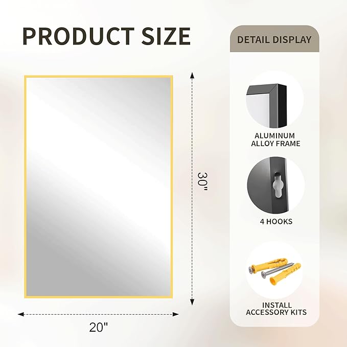 FICTOR Bathroom Vanity Mirror-Gold,30x20 Inch, Shatterproof & Anti-Rust, Wall Mount Rectangle Mirrors with Metal Frame for Over Sink, Bathroom, Bedroom, Living Room,Entryway