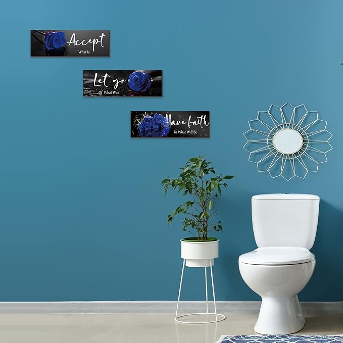 ZINYAZHE 3 Pcs Blue Bathroom Wall Decors Inspirational Blue Decor Wooden Roses Flower Wall Art Office Wall Decor with Accept Let Go Have Faith Quotes for Girl Women Bathroom Bedroom(12 x 4 Inch)