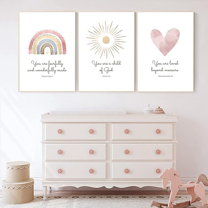 Boho Nursery Wall Art 3 Pieces Bible Verse Nursery Art Christian Girls Nursery Wall Art Heart Rainbow Sun Nursery Art Print Boho Sunshine Decor for Girl Baby Kid Room Decor 16x24 Inch Unframed
