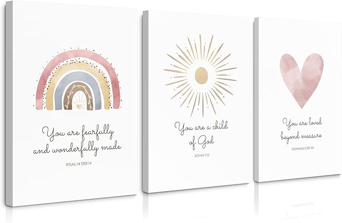 Boho Nursery Wall Art 3 Pieces Bible Verse Nursery Canvas Wall Decor Christian Baby Girls Wall Art Heart Rainbow Sun Pictures Boho Sunshine Prints for Girl Baby Kid Room 16x24 Inch Wrapped Canvas